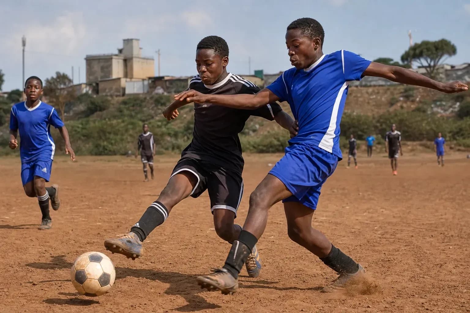 Two players competing for the ball on dirt field