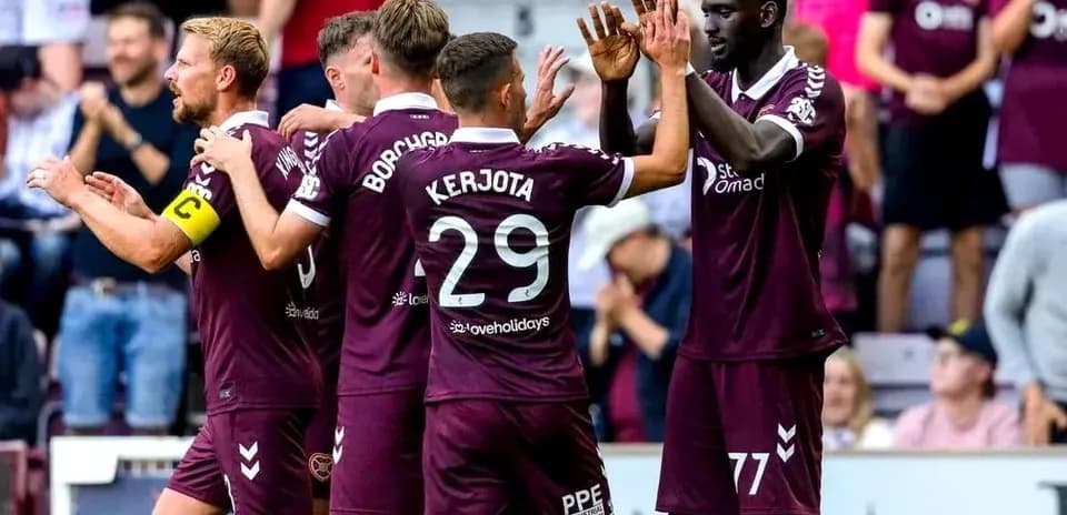 Heart of Midlothian players celebrating a goal