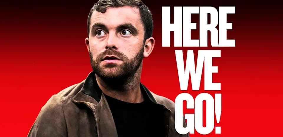 Man looking off-camera with text 'HERE WE GO!'