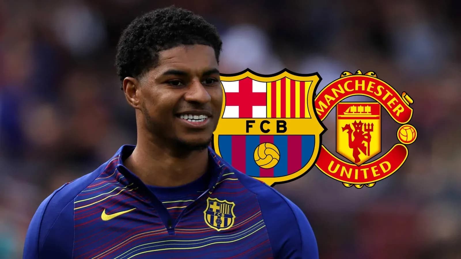 Player in Barcelona kit with club logos behind
