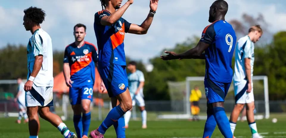Players celebrating during FC Cincinnati II match
