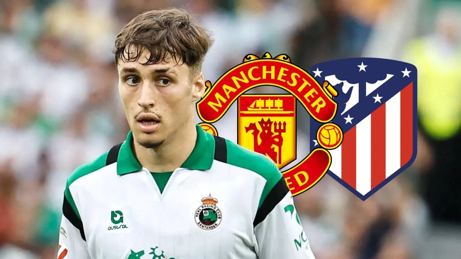 Player in kit with Manchester United and Atletico logos