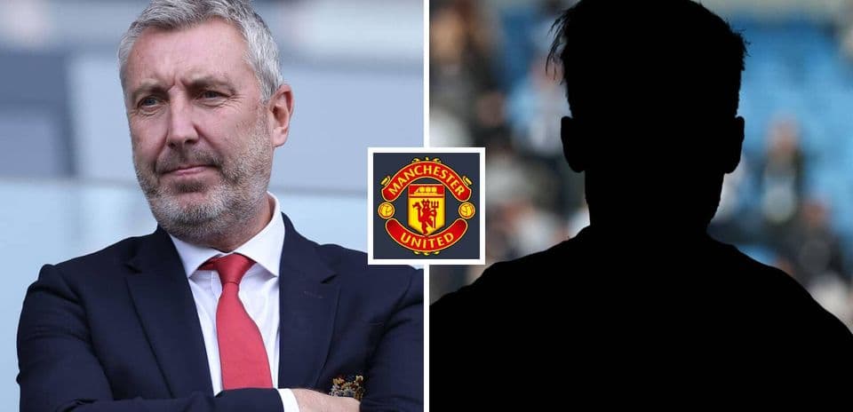 Man in suit next to Manchester United logo silhouette