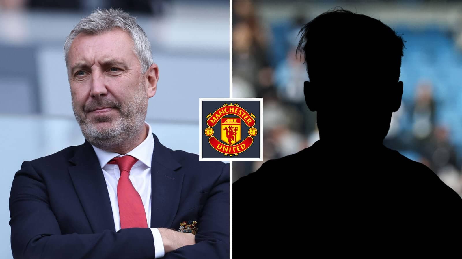 Man in suit next to Manchester United logo silhouette