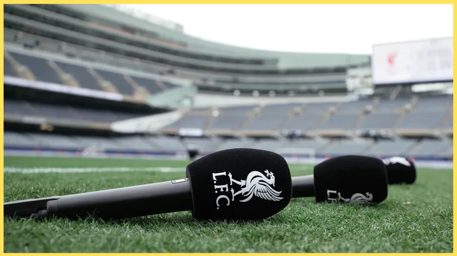 Microphones with LFC logo on the grass field