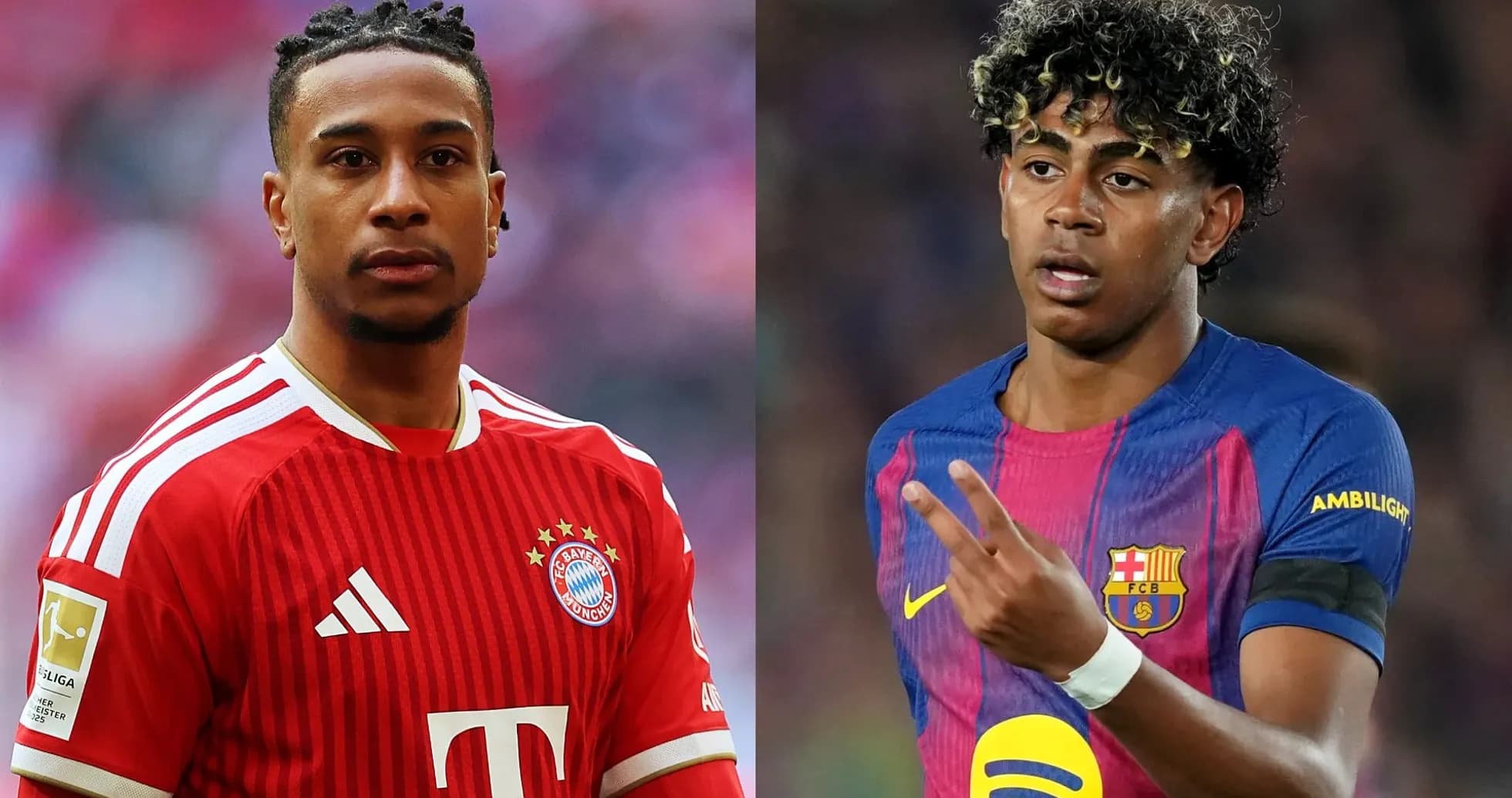 Two football players in club jerseys, Bayern and Barcelona