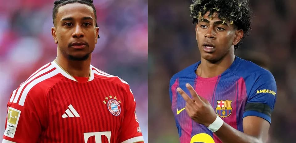 Two football players in club jerseys, Bayern and Barcelona