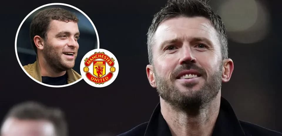 Two men, one smiling, with Manchester United logo