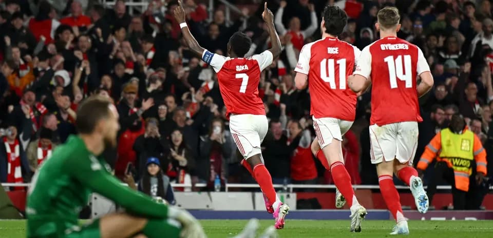 Saka celebrating goal during Arsenal match