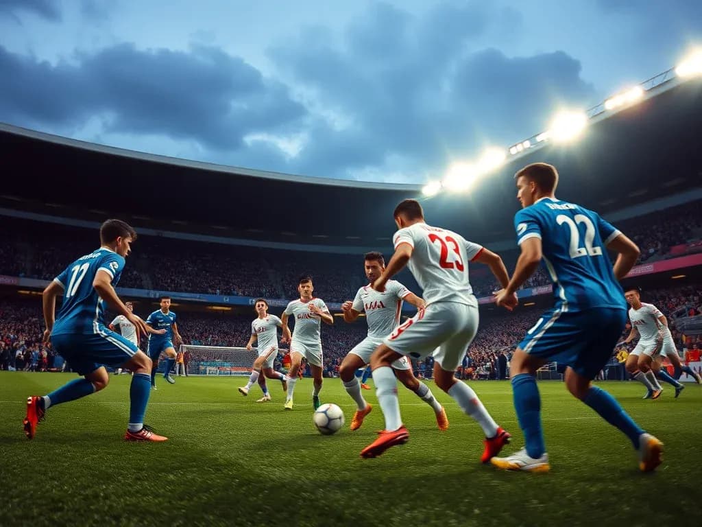 Players competing for the ball in football match
