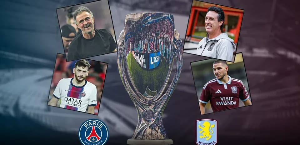 Coaches and players around Super Cup trophy