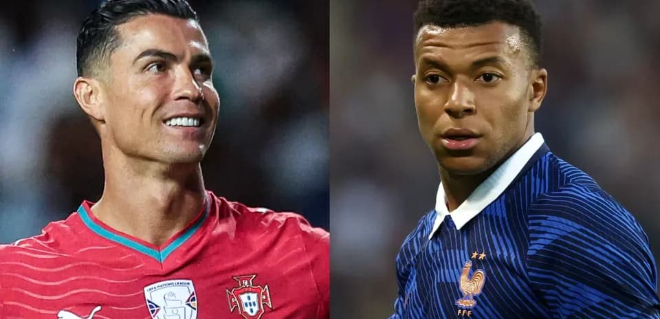 Cristiano Ronaldo and Kylian Mbappe in team jerseys