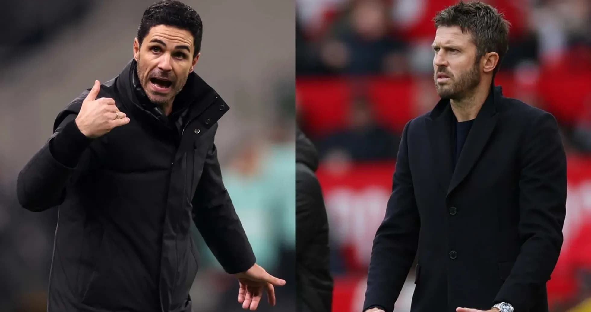 Two football managers giving tactical instructions on pitch
