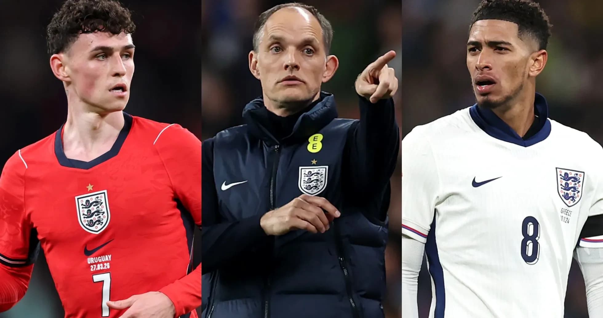 Three England football players and coach on field