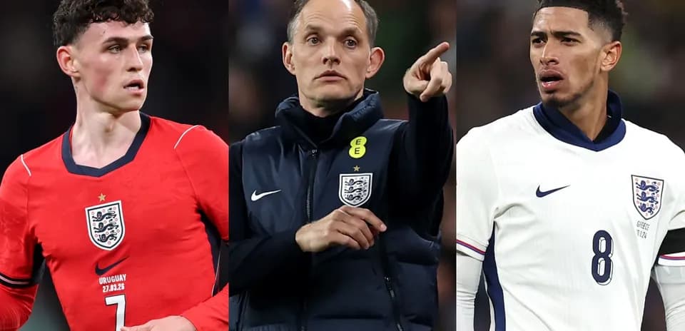 Three England football players and coach on field