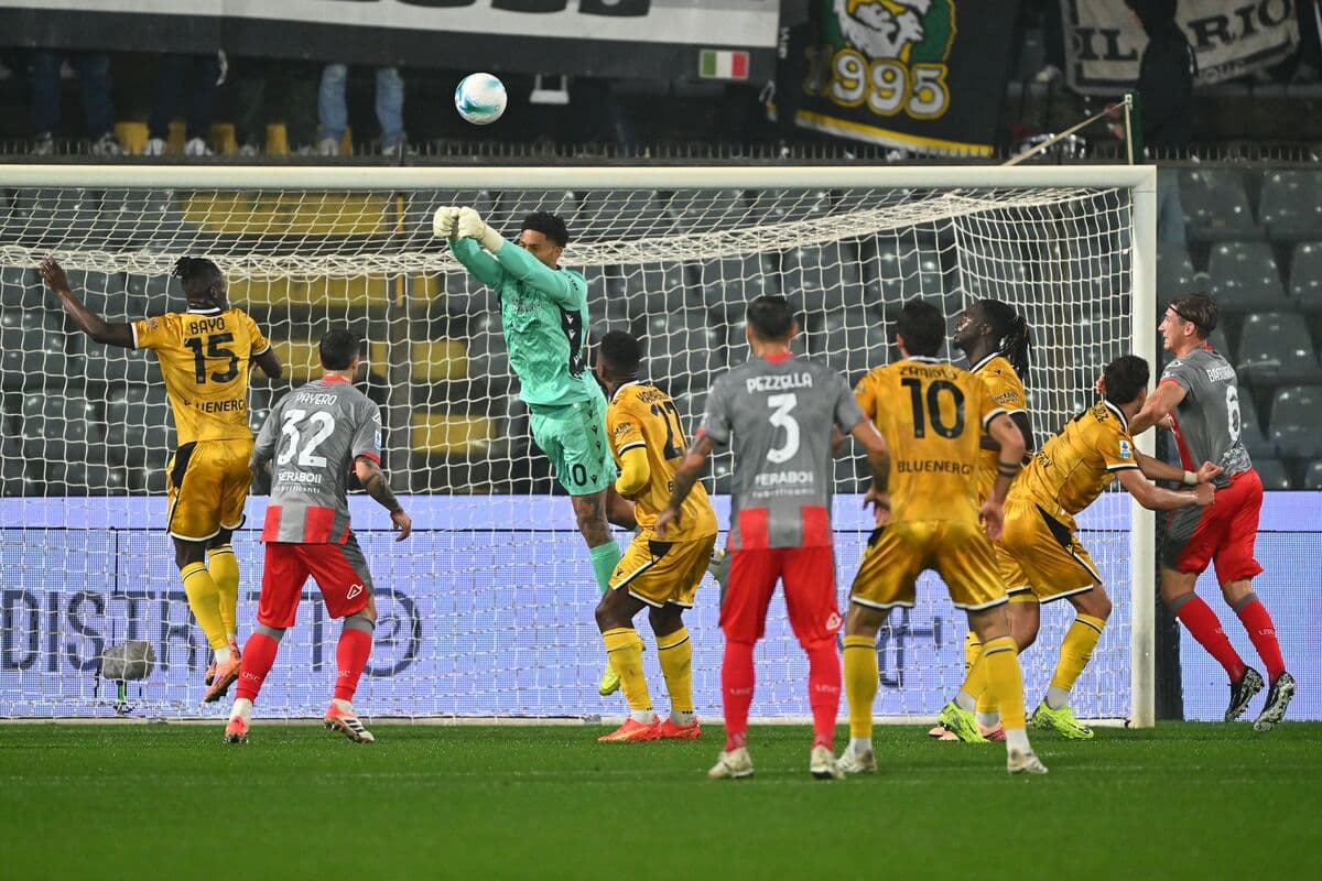 Goalkeeper saves a shot during Udinese match