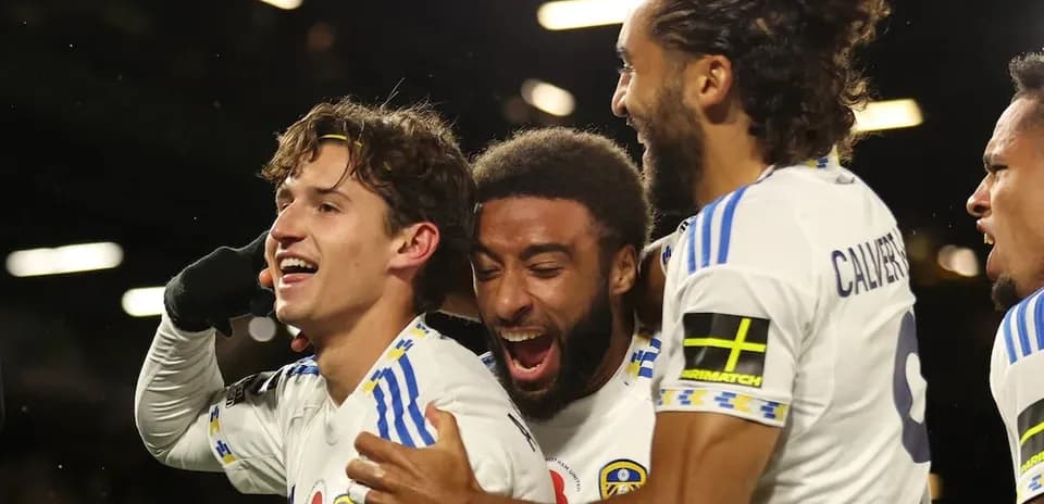 Leeds players celebrating during Premier League match