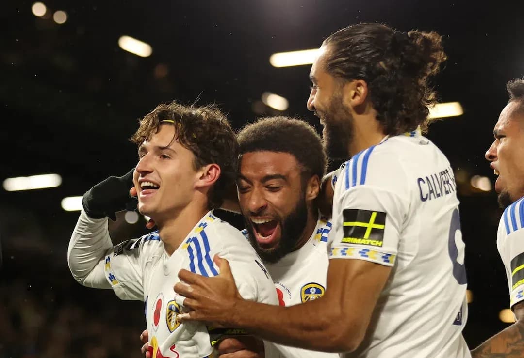 Leeds players celebrating during Premier League match