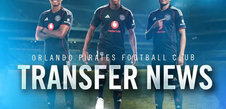 Three Orlando Pirates players posing in black kits
