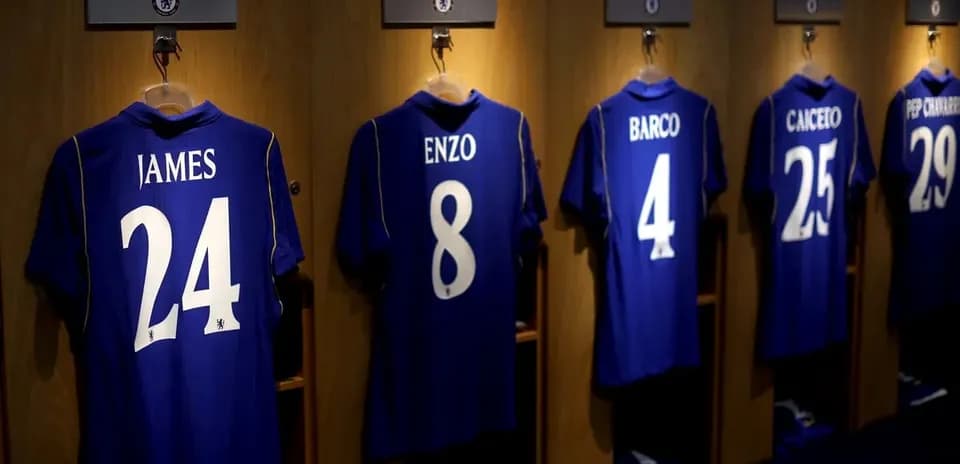 Chelsea jerseys hanging in player locker room