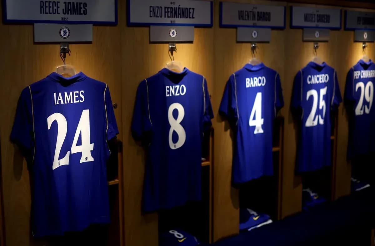 Chelsea jerseys hanging in player locker room