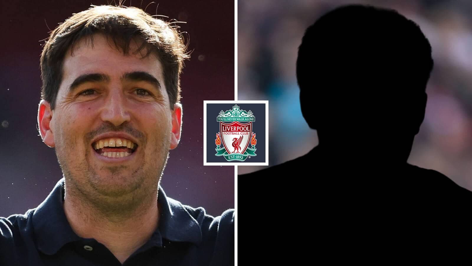 Smiling coach beside Liverpool FC logo and silhouette