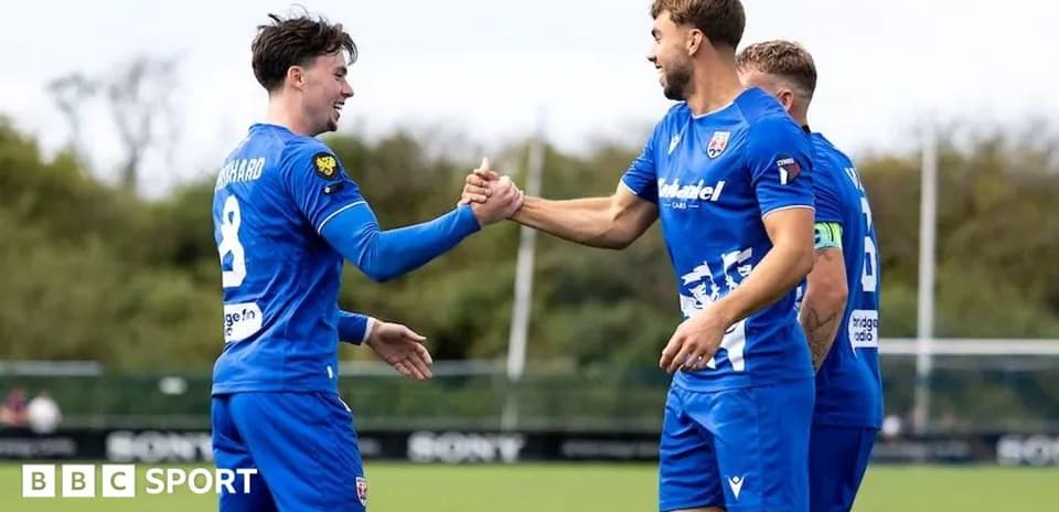 Two players celebrating with a handshake on field