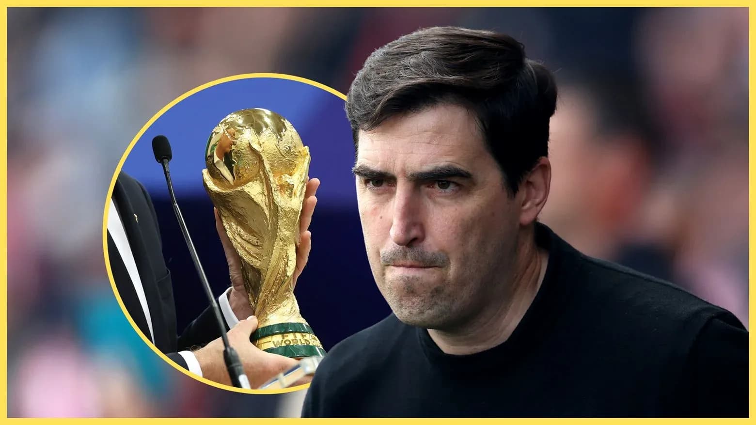 Coach looking serious near World Cup trophy