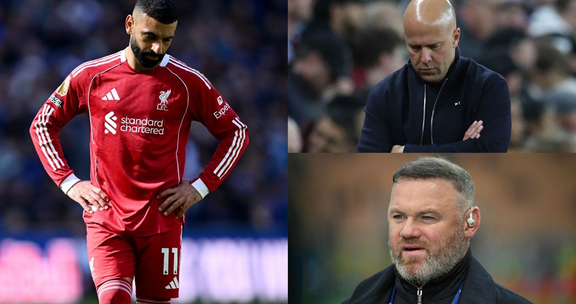 Liverpool player looking down, two coaches observing match
