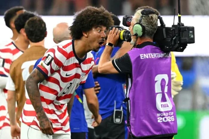 Player celebrating and interacting with camera after match