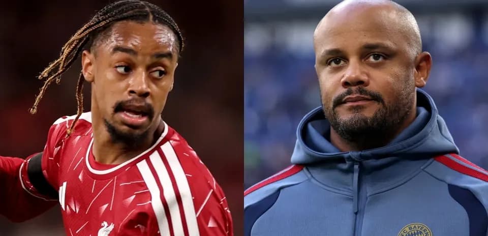 Player in Liverpool kit and coach in Bayern Munich attire