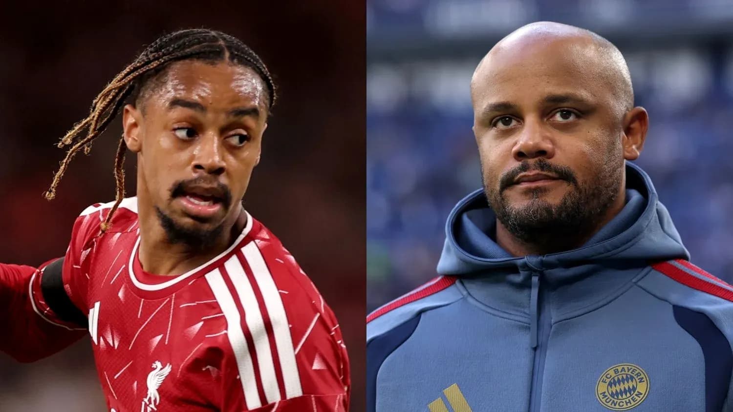 Player in Liverpool kit and coach in Bayern Munich attire