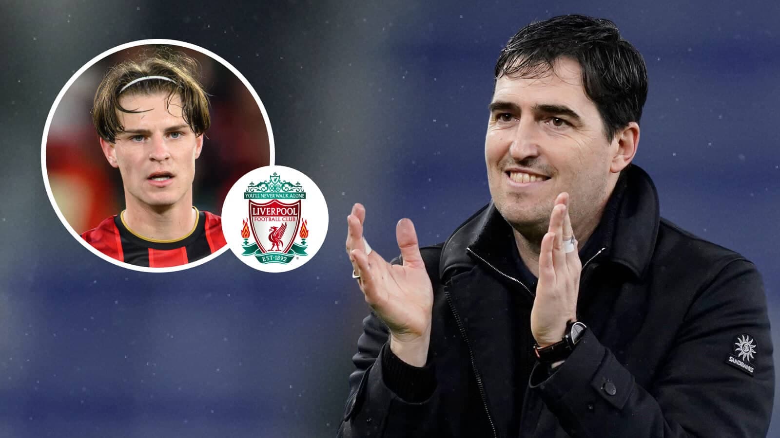 Manager applauding with player image and Liverpool logo