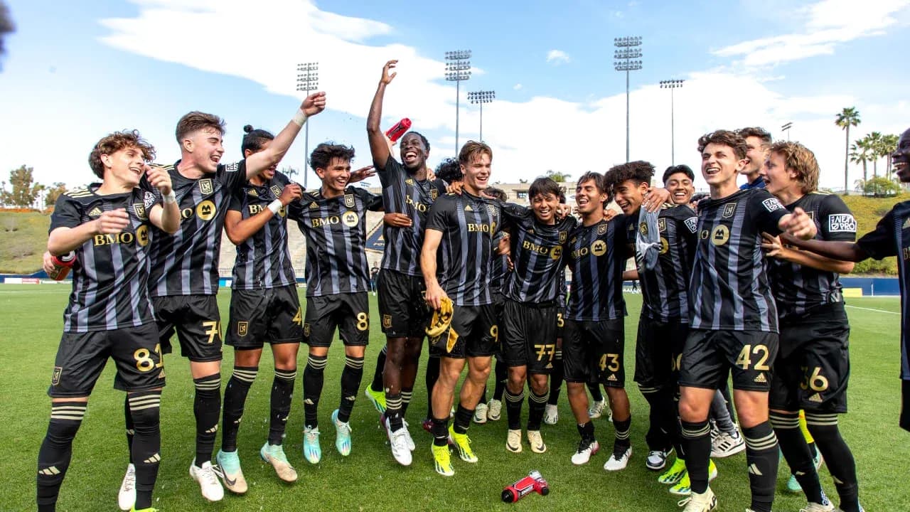 Los Angeles FC II players celebrating on the field