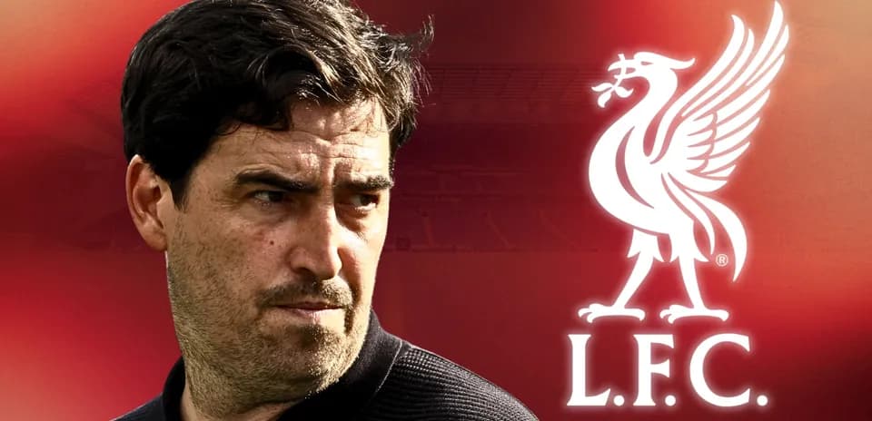 Man looking serious with Liverpool logo background