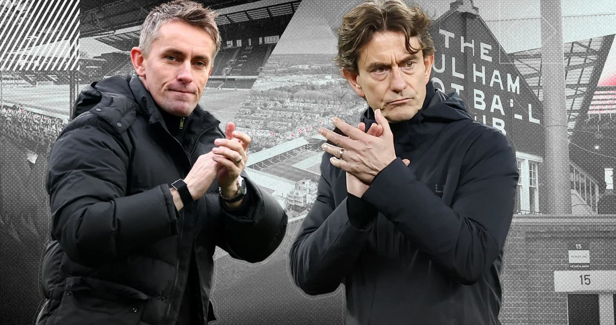 Two football managers applauding during match preparation