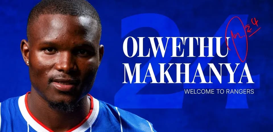 Olwethu Makhanya in Rangers jersey with welcome message