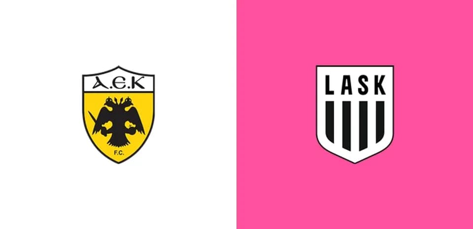 Logos of AEK FC and LASK on contrasting backgrounds