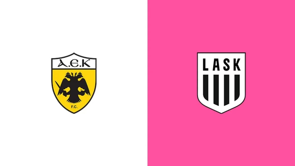 Logos of AEK FC and LASK on contrasting backgrounds