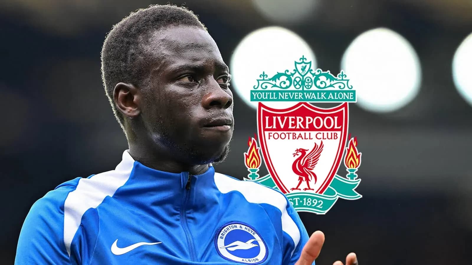 Player in Brighton kit with Liverpool logo background
