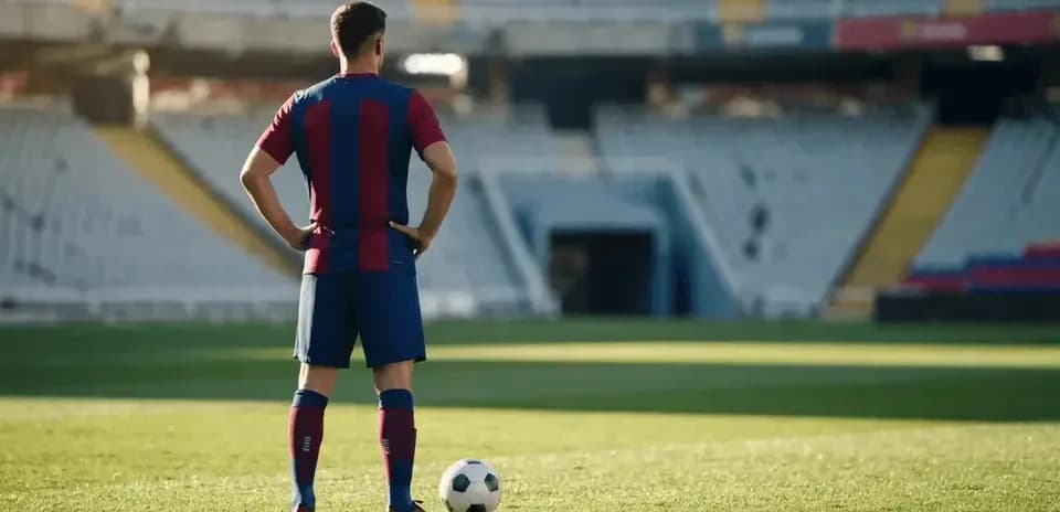 Player in Barcelona kit standing by soccer ball