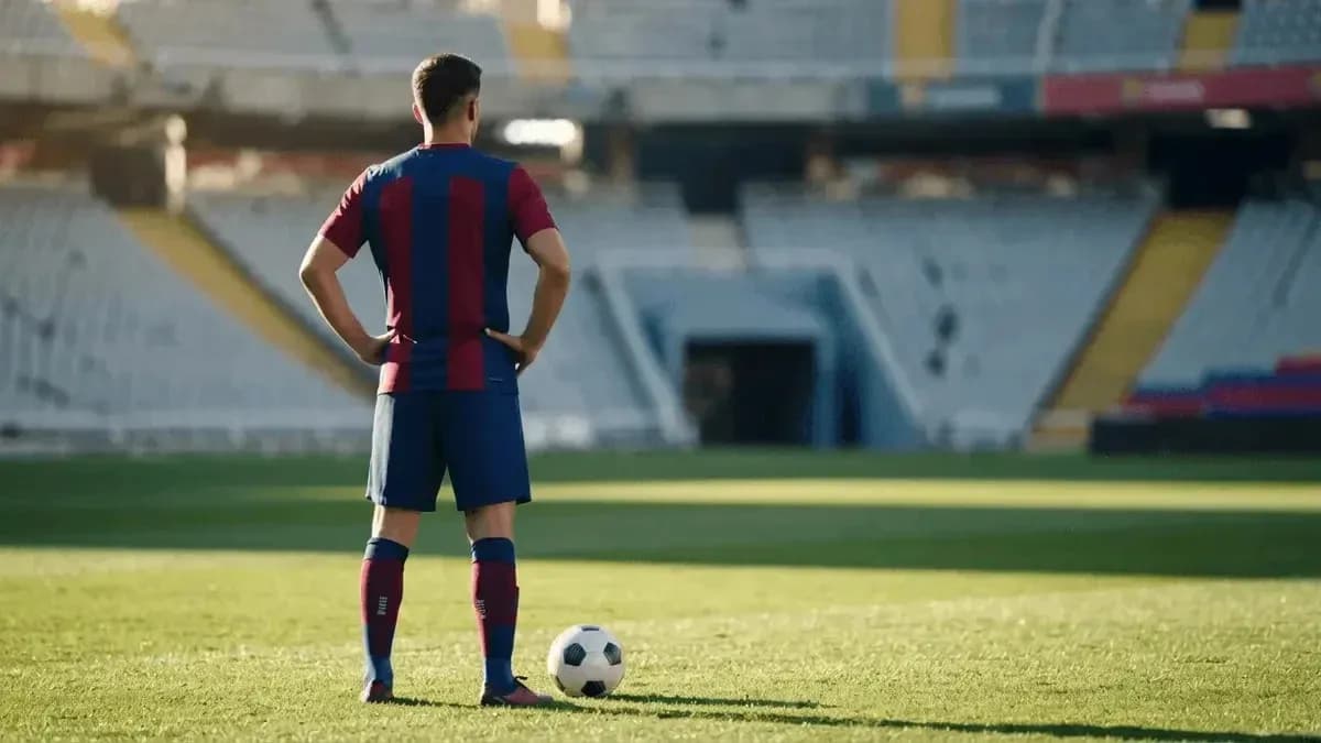 Player in Barcelona kit standing by soccer ball