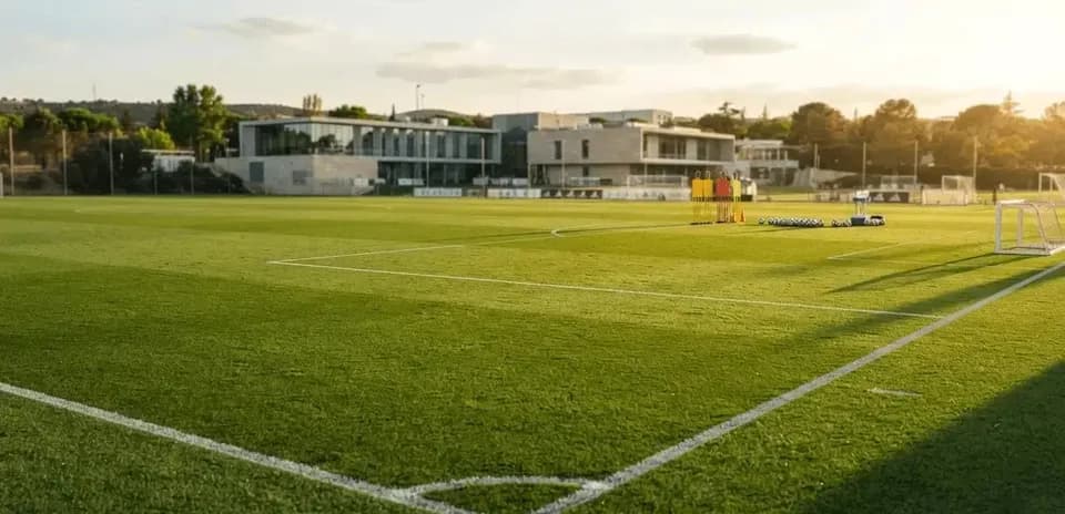 Soccer training pitch with cones and balls set up