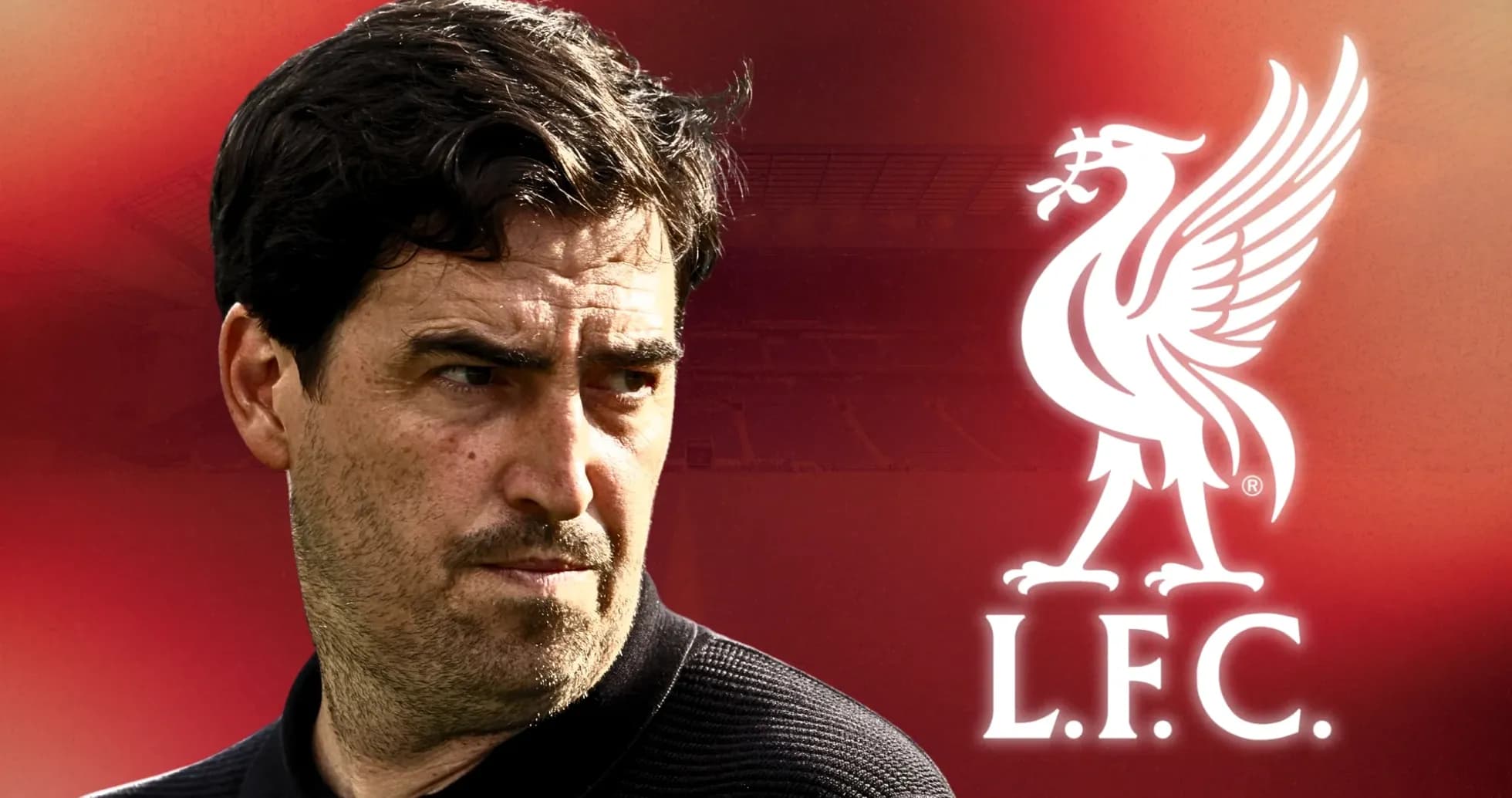 Coach with Liverpool logo in background