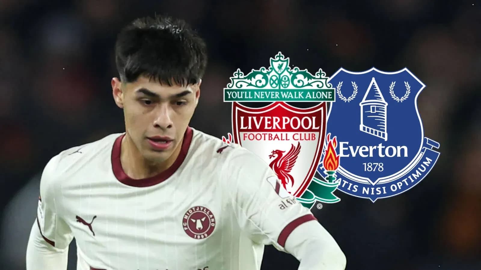 Player in action with club logos of Liverpool and Everton