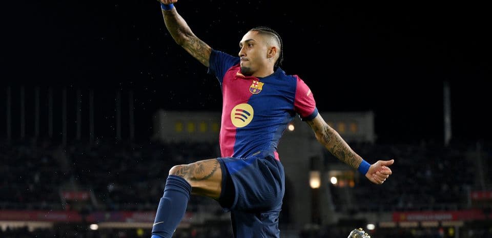 Raphinha celebrating goal for Barcelona