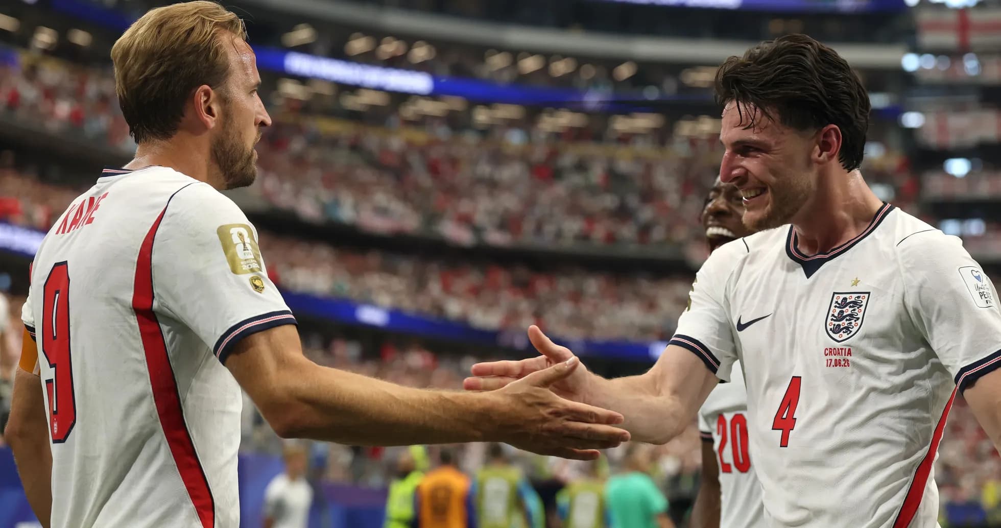 Harry Kane and Declan Rice celebrating a goal