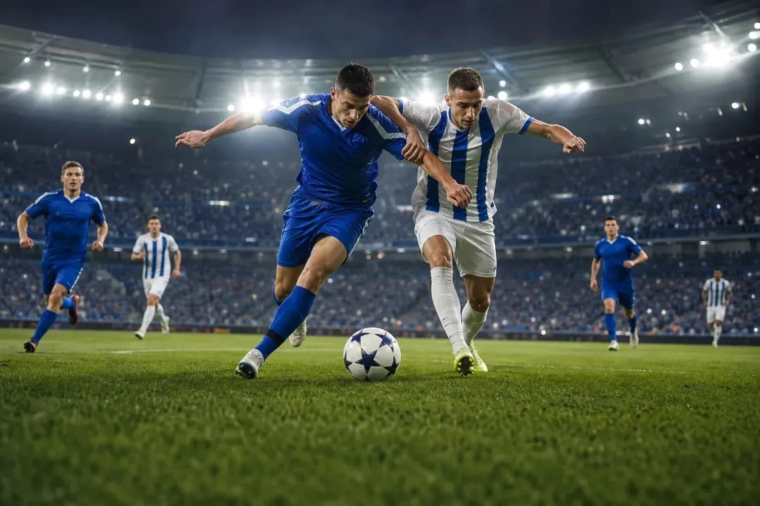 Players contesting for the ball during match