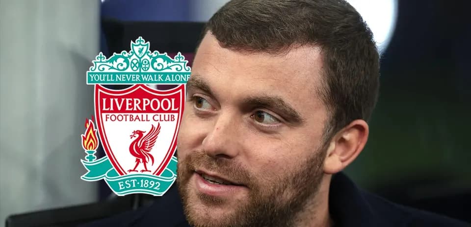 Man with Liverpool FC logo in background