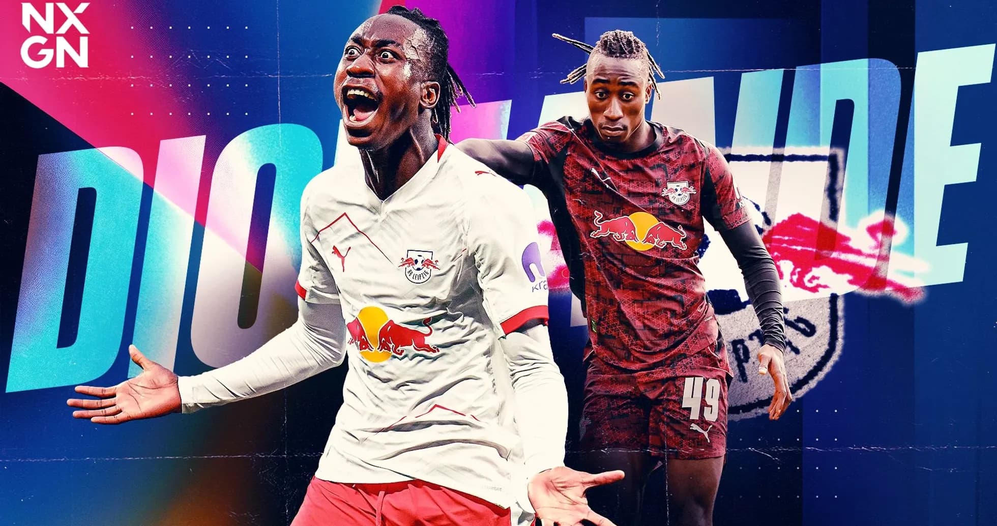Diohane celebrating and posing in RB Leipzig kit